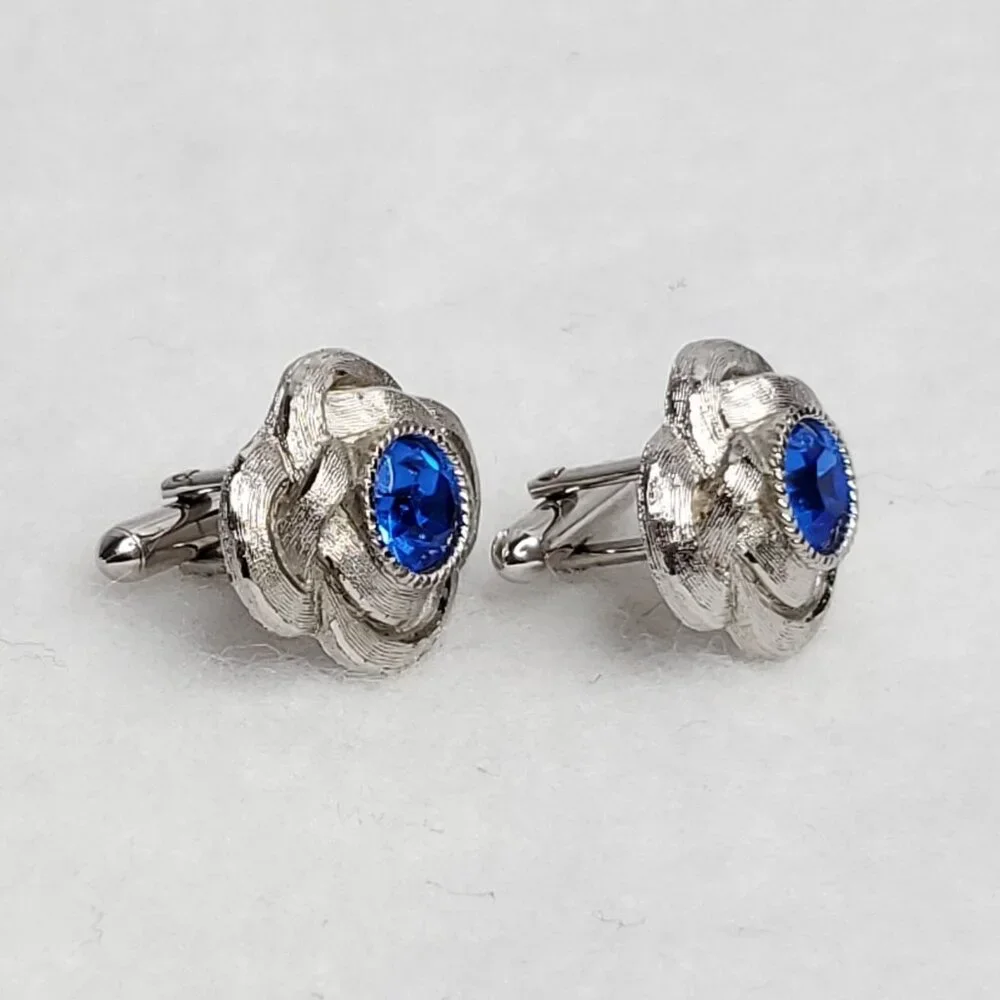 Vintage Swank Rhinestone Cufflinks Silver Tone Blue Sparkles